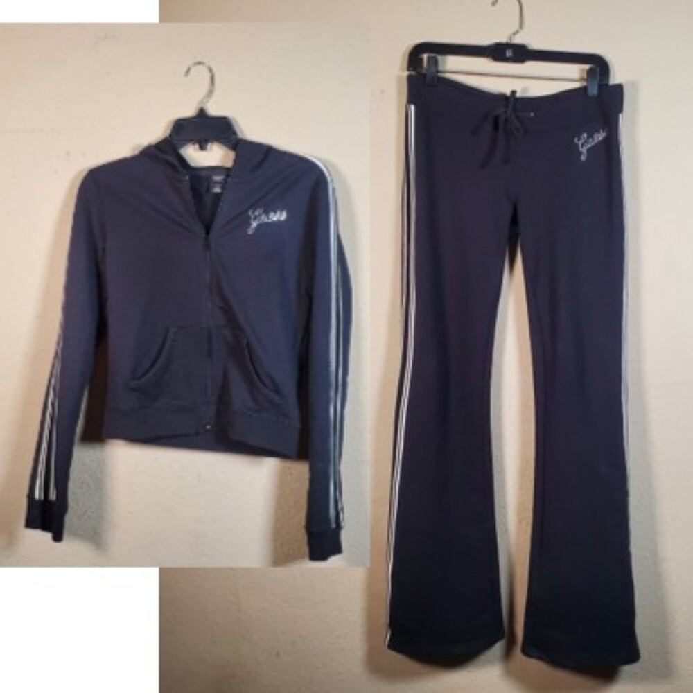 GUESS Black Tracksuit Set Hoodie Pants XS Rhinestone Logo Y2K Retro